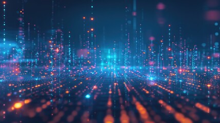 A smart city buildings cityscape with a bright blue sky and a purple digital connection