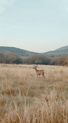 Fototapeta premium A red deer buck stands in a grassy meadow with a mountainous background, illuminated by the golden light of sunset
