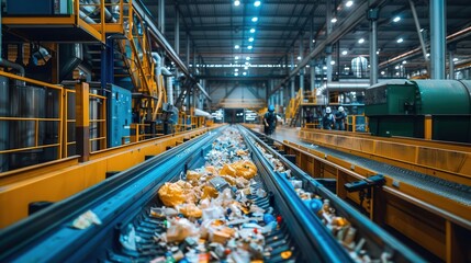Obraz premium A bustling recycling center with advanced sorting machines and dedicated workers