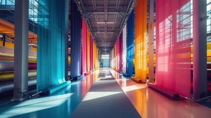 Vibrant textile factory with automated garment production, colorful fabrics, and innovative fashion design processes