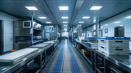 Food processing plant with modern packaging lines, quality control stations, and an efficient supply chain ensuring freshness