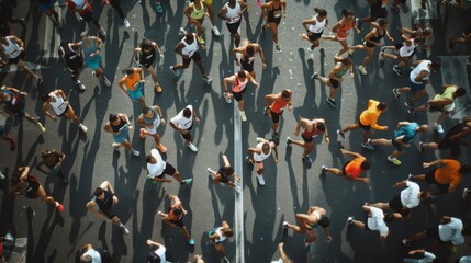 An aerial view of a large group of runners participating in a marathon race. The runners are moving in a single file line, with their shadows cast upon the pavement.