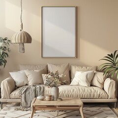 Cozy living room with a beige sofa and bohemian decor elements serves as an abstract background and potential wallpaper best-seller