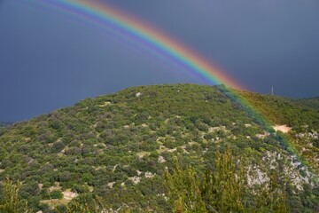 Rainbow over Gargano. Gargano landscape with cacti in the foreground and a rainbow in the sky.	