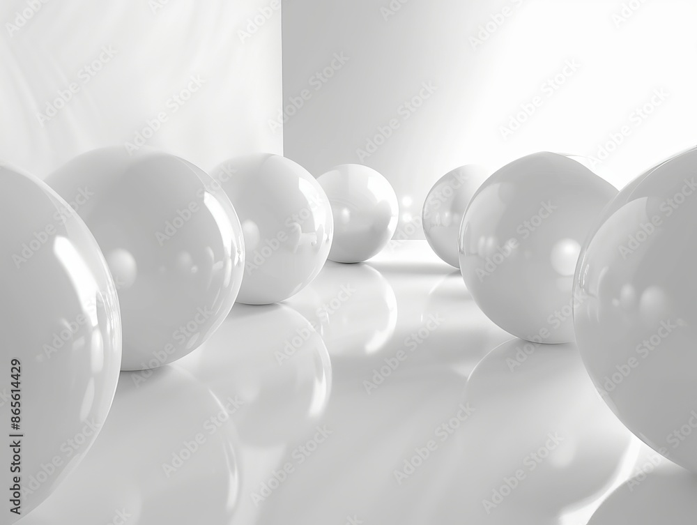 Poster a 3d-rendered abstract background featuring glossy spheres on a reflective white surface could be a 