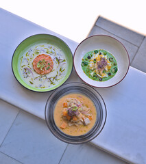 An overhead shot capturing three beautifully presented gourmet dishes in vibrant bowls. The dishes showcase a variety of textures and colors, emphasizing fine dining and culinary artistry. This image 
