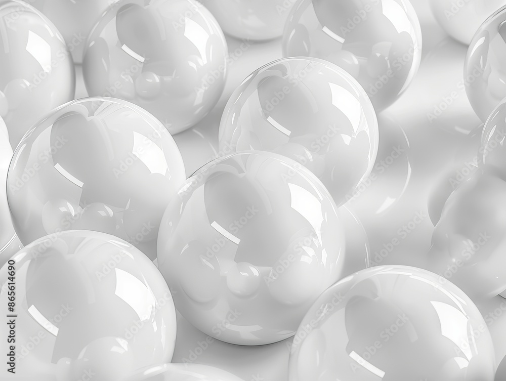 Poster an array of glossy white spheres with subtle reflections offering an abstract background suitable fo
