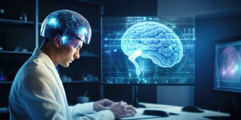 Doctor checking brain testing result with computer interface, innovative technology in science
