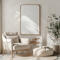 A minimalist modern room with a stylish chair and mirror, creating an abstract and ideal background for wallpapers or best-sellers