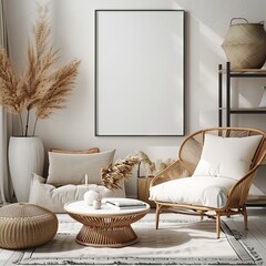 This image depicts a cozy interior with wicker furniture and an empty frame against an abstract wall, a potential best-seller wallpaper