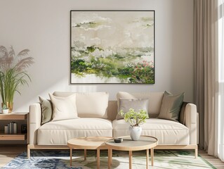 Obraz premium A cozy interior scene with a sofa and nature-themed art, creating an inviting abstract background and potential best-seller