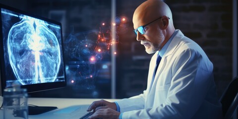 Doctor checking brain testing result with computer interface, innovative technology in science