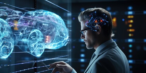 Doctor checking brain testing result with computer interface, innovative technology in science
