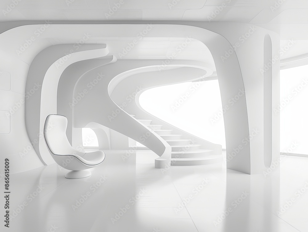 Poster an immaculate and futuristic abstract white space with a spiral staircase ideal for a modernity-them