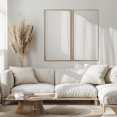 A modern sofa set against a soothing backdrop with frames, ideal for abstract or minimalist wallpaper use