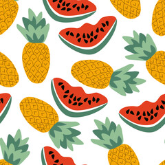 Seamless pattern ripe pineapples and watermelon slices on white background - vector flat illustration for textiles, wallpapers, web design, packaging