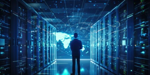 Engineer connecting data center on global networking in server room of storage systems and connect of data on internet network business