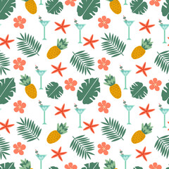 Seamless pattern beach desserts cocktails with olives, pineapples with palm branches, monstera leaves and tropical flowers, starfish on white background - vector flat illustration 
