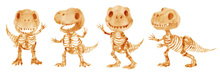 Tyrannosaurus rex skeleton . Hand drawn watercolor paint design . Cute cartoon characters . Set 2 . Illustration . © stockdevil