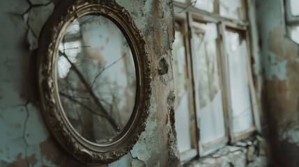 Fototapeta premium Close-up of a round mirror on the wall of an abandoned gloomy house.