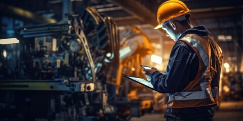 Engineer using tablet check and control automation robot arms machine in intelligent factory industrial on a monitoring system software. Welding robotics and digital manufacturing arm, artificial inte