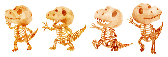 Tyrannosaurus rex skeleton . Hand drawn watercolor paint design . Cute cartoon characters . Set 1 . Illustration . © stockdevil