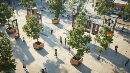 An aerial view of a city square with trees planted in planters, people walking on the pavement, and advertisement displays with images of people on them.