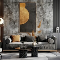 A modern living room scene with abstract gold art presents a realistic background wallpaper potential best-seller image