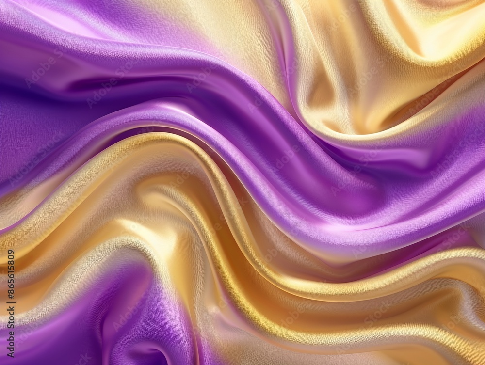 Poster the image captures flowing fabric-like waves in purple and gold creating a luxurious abstract backgr