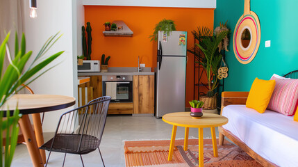 a boho chic hostel studio apartment in the caribbean, hotel room with pops of color