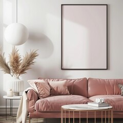 A chic interior showcasing a soft pink sofa with a blank frame on the wall, providing a perfect abstract background for best-seller wallpaper