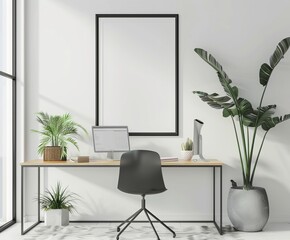 A modern desk setup in a contemporary styled room with a blank wall frame, perfect as an abstract background or best-seller wallpaper