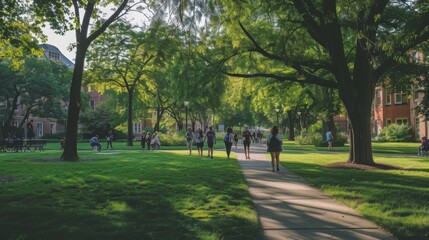 Fototapeta premium A group of students walk along a paved path on a university campus. The path is lined with trees and green grass.