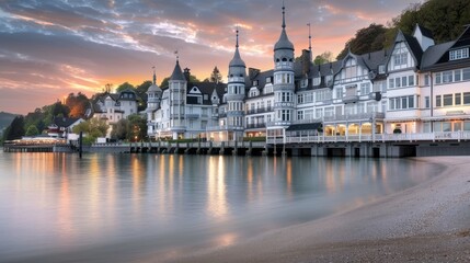 Obraz premium A beautiful view of a row of white buildings lining the shore of a calm lake. The sun is setting, casting a warm glow on the water and creating a serene and tranquil scene