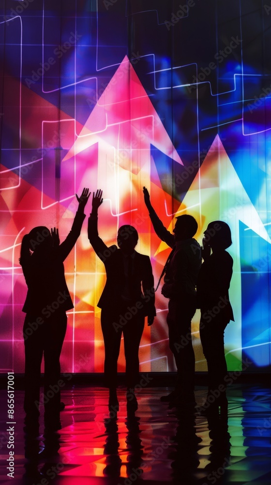 Poster silhouettes of businesspeople in front of a large colorful graph. ideal for business strategy and fi