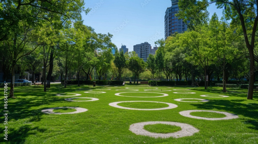 Aufkleber a view of a green park with circular pathways and walkways, surrounded by mature trees and modern bu