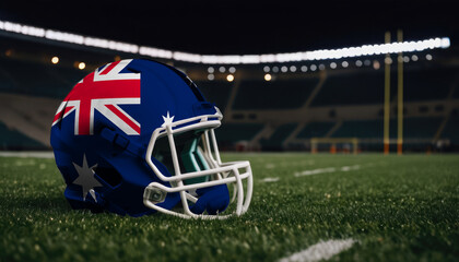 An American football helmet with the Australia flag design sits on a field at night, under stadium lights