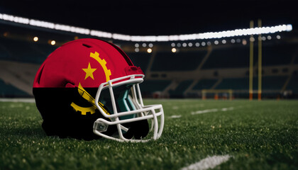 An American football helmet with the Angola flag design sits on a field at night, under stadium lights
