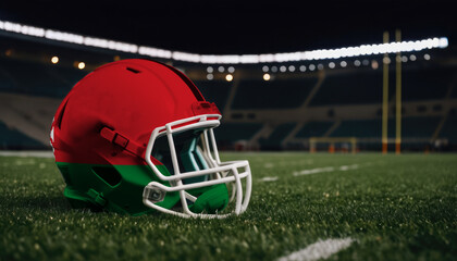 An American football helmet with the Belarus flag design sits on a field at night, under stadium lights