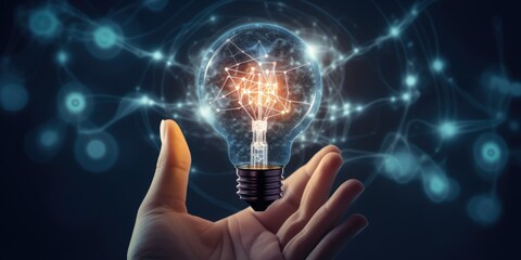 Hand holding light bulb and cog inside and innovation icon network connection on brain background 
