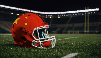 An American football helmet with the China flag design sits on a field at night, under stadium lights