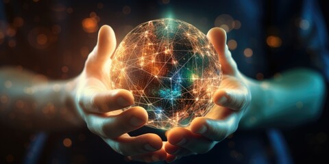 Hand holding of global data network, Big data visualization of futuristic and block chain, Financial analysis, social network of databases