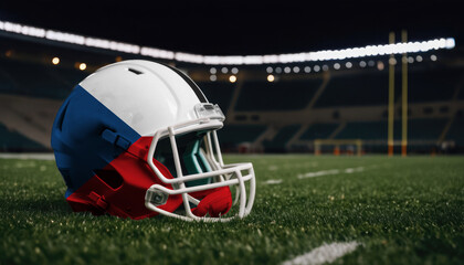 An American football helmet with the Czech flag design sits on a field at night, under stadium lights