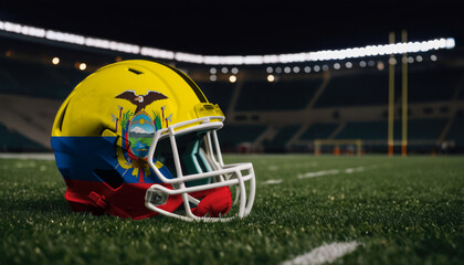 An American football helmet with the Ecuador flag design sits on a field at night, under stadium lights