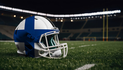 An American football helmet with the Finland flag design sits on a field at night, under stadium lights
