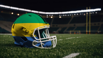 An American football helmet with the Gabon flag design sits on a field at night, under stadium lights