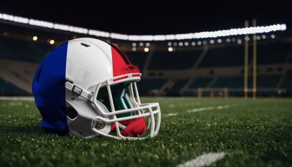 An American football helmet with the France flag design sits on a field at night, under stadium lights
