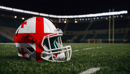 An American football helmet with the Georgia flag design sits on a field at night, under stadium lights