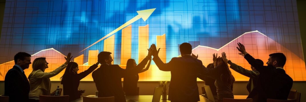Diverse business team celebrating in front of a large screen displaying upward trends. Success and teamwork in a corporate environment. Ideal for company achievements and business growth visuals