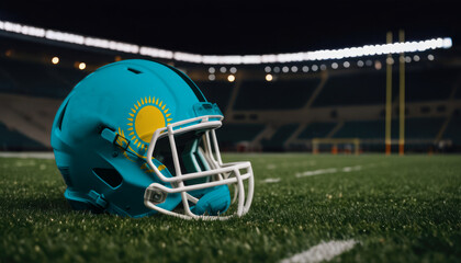 An American football helmet with the Kazakhstan flag design sits on a field at night, under stadium lights